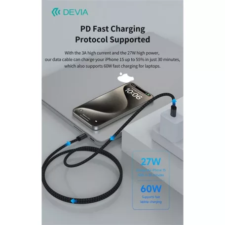 Devia Gracious Series 60W PD USB-C - USB C (Type-C) adat- és töltőkábel, fekete, 1m