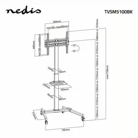 Nedis TVSM5100BK kerekes gurulós LCD TV/Monitor állvány (tartó konzol), 32"-55", szabadon álló, 35kg