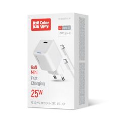   COLORWAY AC töltő GaN Mini CW-CHS052PDC-WT 25W PD port PPS USB-C fehér kábel Type-C
