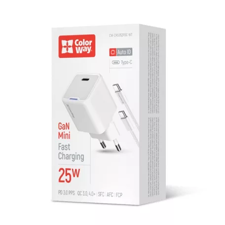 COLORWAY AC töltő GaN Mini CW-CHS052PDC-WT 25W PD port PPS USB-C fehér kábel Type-C