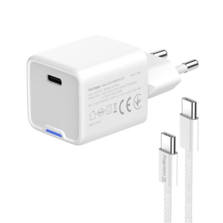 COLORWAY AC töltő GaN Mini CW-CHS052PDC-WT 25W PD port PPS USB-C fehér kábel Type-C