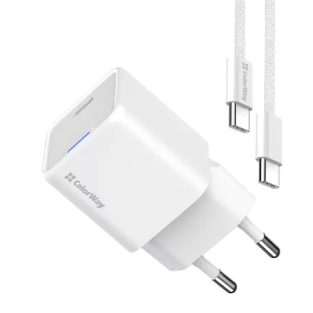 COLORWAY AC töltő GaN Mini CW-CHS052PDC-WT 25W PD port PPS USB-C fehér kábel Type-C