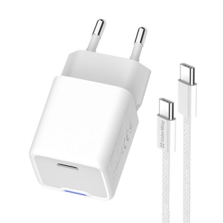 COLORWAY AC töltő GaN Mini CW-CHS052PDC-WT 25W PD port PPS USB-C fehér kábel Type-C