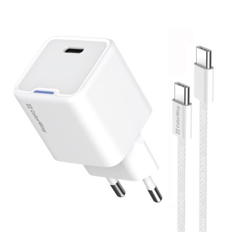COLORWAY AC töltő GaN Mini CW-CHS052PDC-WT 25W PD port PPS USB-C fehér kábel Type-C