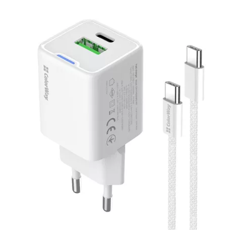 COLORWAY AC töltő GaN Mini CW-CHS053PDC-WT 30W PD port PPS USB (Type-C PD + USB QC4.0) kábel Type-C