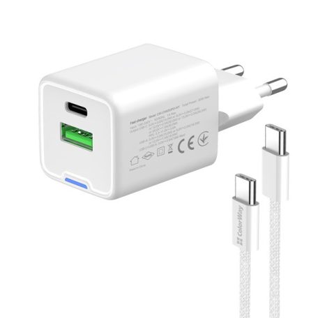 COLORWAY AC töltő GaN Mini CW-CHS053PDC-WT 30W PD port PPS USB (Type-C PD + USB QC4.0) kábel Type-C
