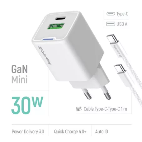 COLORWAY AC töltő GaN Mini CW-CHS053PDC-WT 30W PD port PPS USB (Type-C PD + USB QC4.0) kábel Type-C