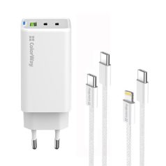   COLORWAY AC töltő GaN Mini CW-CHS058PDCL-WT 65W PD port PPS USB (USB-2C1A) kábel Type-C és Lightning