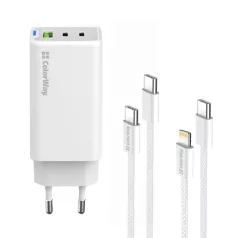   COLORWAY AC töltő GaN Mini CW-CHS058PDCL-WT 65W PD port PPS USB (USB-2C1A) kábel Type-C és Lightning