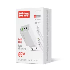   COLORWAY AC töltő GaN Mini CW-CHS058PDCL-WT 65W PD port PPS USB (USB-2C1A) kábel Type-C és Lightning