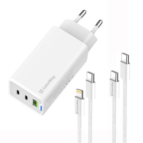COLORWAY AC töltő GaN Mini CW-CHS058PDCL-WT 65W PD port PPS USB (USB-2C1A) kábel Type-C és Lightning