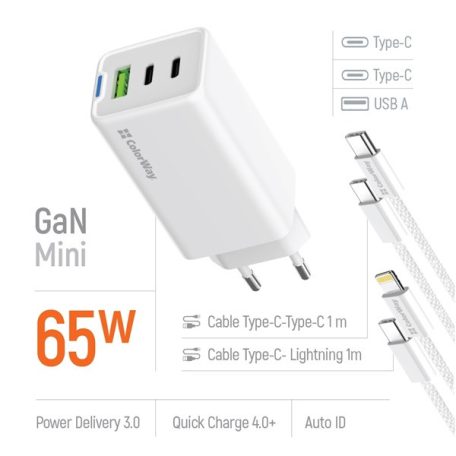 COLORWAY AC töltő GaN Mini CW-CHS058PDCL-WT 65W PD port PPS USB (USB-2C1A) kábel Type-C és Lightning