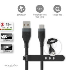   Nedis CCGB60800BK15 flexibilis USB A - USB C (USB-C) kábel, USB2.0, 15W, hossz 1,5m, fekete rugalmas szilikon