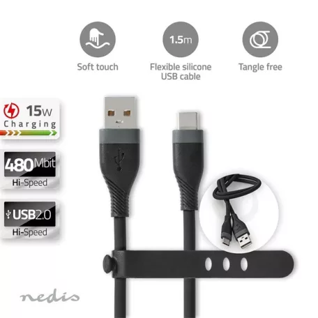 Nedis CCGB60800BK15 flexibilis USB A - USB C (USB-C) kábel, USB2.0, 15W, hossz 1,5m, fekete rugalmas szilikon