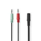 Nedis CAGB22160BK02 sztereo audio kábel, 2x 3,5 mm jack dugó - 3,5 mm sztereo jack aljzat, 0,20m