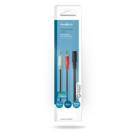 Nedis CAGB22160BK02 sztereo audio kábel, 2x 3,5 mm jack dugó - 3,5 mm sztereo jack aljzat, 0,20m