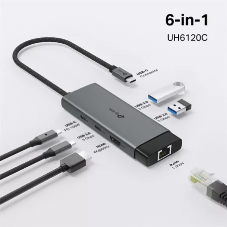 TP-LINK USB Type-C HUB 6 portos 1xHDMI + 1xLAN + 1xPD 100W + 1xUSB-C, 2xUSB, UH6120C