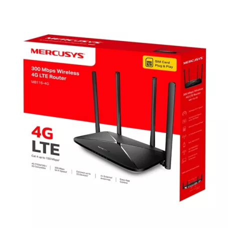 MERCUSYS 3G/4G Modem + Wireless Router N-es 300Mbps 1xWAN/LAN(100Mbps) +3xLAN(100Mpbs), MB115-4G