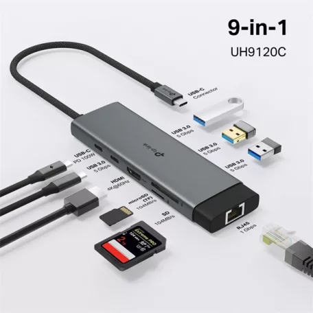TP-LINK USB Type-C HUB 9 portos 1xHDMI + 1xLAN + 1xPD 100W + 1xUSB-C, 3xUSB +2xKártyaolvasó, UH9120C