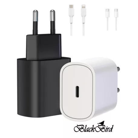 BLACKBIRD Hálózati Adapter T145 25W + Type-C + Lightning kábel 1m, Fehér