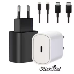   BLACKBIRD Hálózati Adapter T145 25W + Type-C + Lightning kábel 1m, Fekete