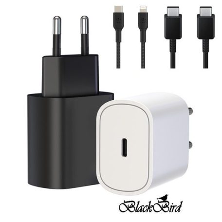 BLACKBIRD Hálózati Adapter T145 25W + Type-C + Lightning kábel 1m, Fekete
