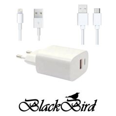   BLACKBIRD Hálózati Adapter T131 25W + Type-C + Lightning kábel 1m, Fehér
