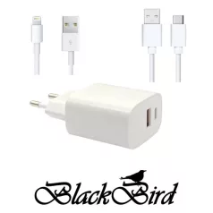   BLACKBIRD Hálózati Adapter T131 25W + Type-C + Lightning kábel 1m, Fehér