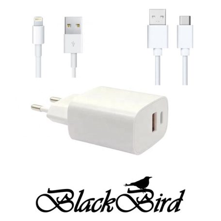 BLACKBIRD Hálózati Adapter T131 25W + Type-C + Lightning kábel 1m, Fehér