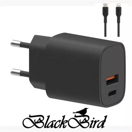 BLACKBIRD Hálózati Adapter T131 25W + Lightning kábel 1m, Fekete