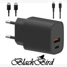   BLACKBIRD Hálózati Adapter T131 25W + Type-C + Lightning kábel 1m, Fekete