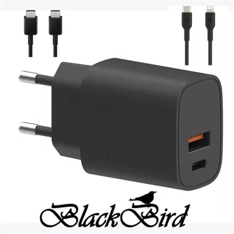 BLACKBIRD Hálózati Adapter T131 25W + Type-C + Lightning kábel 1m, Fekete