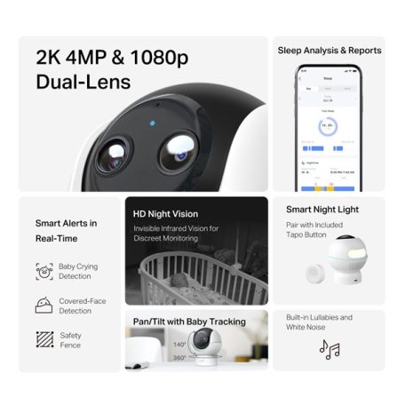 TP-LINK Wireless Kamera Cloud beltéri forgatható színes éjjellátó Smart AI Baba Monitor, TAPO C840