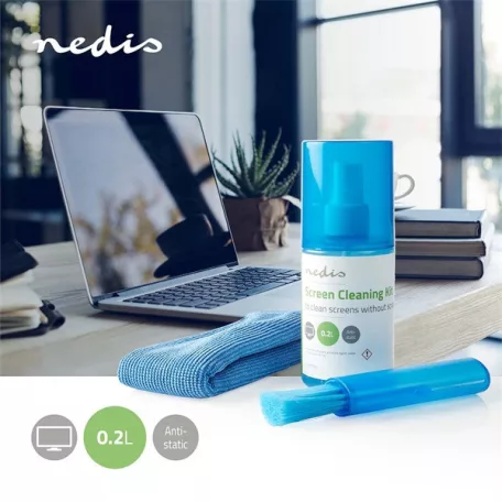 Nedis CLSN120BU LCD TV / nonitor kijelző / képernyő tisztító készlet, 200 ml, tisztító kendő, porecset