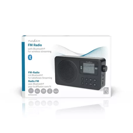 Nedis RDFM2225BK hordozható FM rádió, digitális hangolás, Bluetooth, Fejhallgató kimenet, Ébresztőóra, akkumulátor