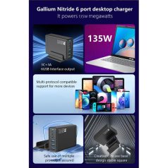   BLACKBIRD Hálózati Töltő GAN 135W 3xUSB-C 20W + 3xUSB 5V, Fekete