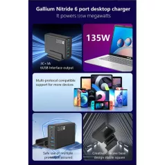   BLACKBIRD Hálózati Töltő GAN 135W 3xUSB-C 20W + 3xUSB 5V, Fekete