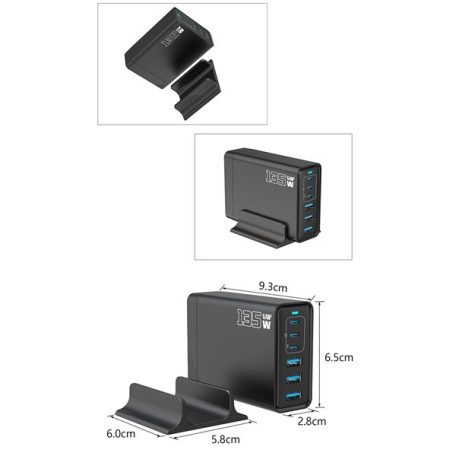 BLACKBIRD Hálózati Töltő GAN 135W 3xUSB-C 20W + 3xUSB 5V, Fekete