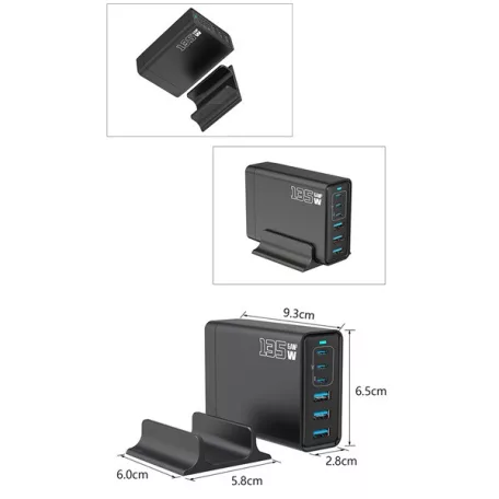 BLACKBIRD Hálózati Töltő GAN 135W 3xUSB-C 20W + 3xUSB 5V, Fekete
