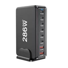   BLACKBIRD Hálózati Töltő GAN 286W 1xUSB-C PD100W + 4xUSB-C PD30W + 3xUSB QC18W, Fekete