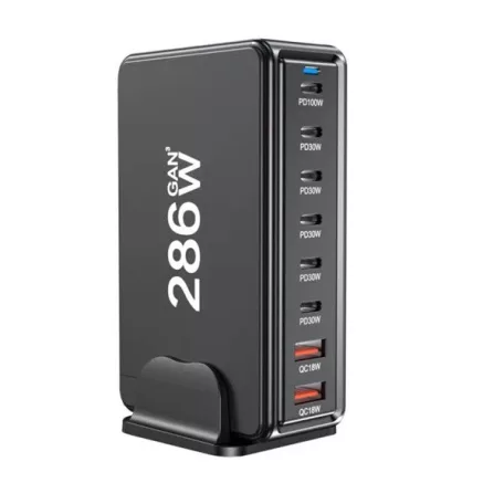 BLACKBIRD Hálózati Töltő GAN 286W 1xUSB-C PD100W + 4xUSB-C PD30W + 3xUSB QC18W, Fekete