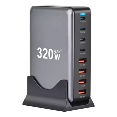 BLACKBIRD Hálózati Töltő GAN 320W 4xUSB-C 65W + 1xUSB-C QC + 3xUSB QC, Fekete