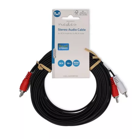 Nedis CAGL24200BK100 sztereo audio kábel, 2 X RCA dugó - 2 X RCA dugó, hossz 10m
