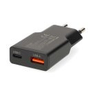 Nedis WCHA30BK gyorstöltő USB-A / USB-C töltő, GaN, PD3.0, QC, Gyorstöltési funkció 1,5 / 2,0 / 2,5 / 3,0 A, 30W, fekete