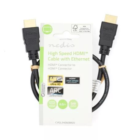 Nedis CVGL34060BK05 ultra HD HDMI kábel, HDMI dugó - dugó, 4K@60Hz, ARC, 18 Gbps, aranyozott csatlakozók, hossz 0,5m