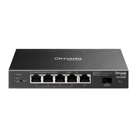 TP-LINK Switch 5x1000Mbps(4xPOE+) + 1xGigabit SFP, Menedzselhető, SG2206MP