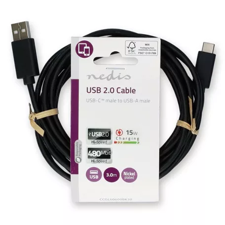 Nedis CCGL60600BK30 USB A - USB C (USB-C) kábel, USB2.0, 15W, hossz 3m