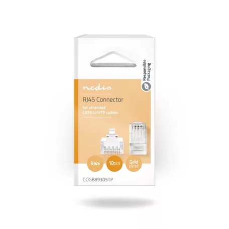 Nedis CCGB89305TP sodrott kábelre, UTP RJ45 CAT6 csatlakozó dugó, szerelhető, aranyozott, 10db/csomag