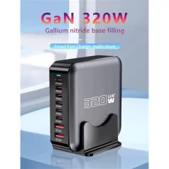   BLACKBIRD Hálózati Töltő GAN 320W 1xUSB-C PD100W + 1xUSB-C PD65W + 4xUSB-C PD30W + 2xUSB QC18W, Fekete