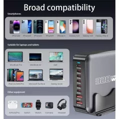   BLACKBIRD Hálózati Töltő GAN 320W 1xUSB-C PD100W + 1xUSB-C PD65W + 4xUSB-C PD30W + 2xUSB QC18W, Fekete